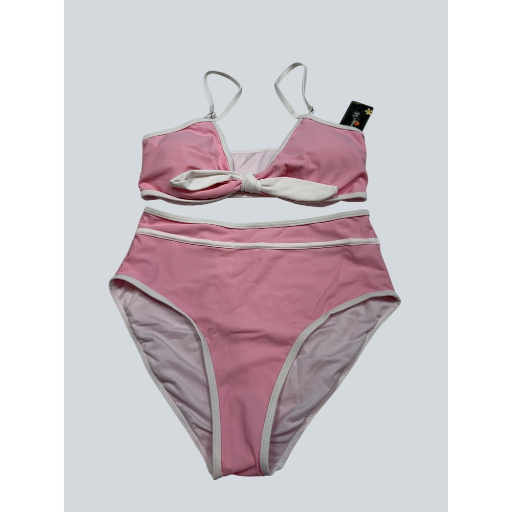Blooming Jelly Womens Pink White High‎ Waisted Tie Front Bikini Set Size M NEW